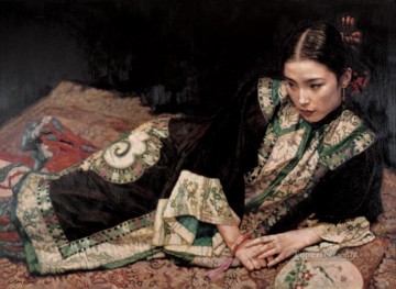 dama, en, alfombra, niña china Pinturas al óleo